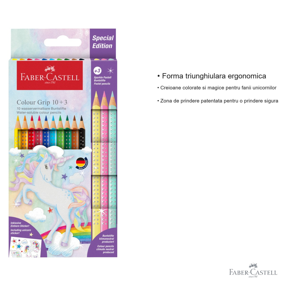 Set promo creioane colorate Faber-Castell Grip 2001, 10+3 culori unicorni, forma triunghiulara ergonomica, pentru copii [3]
