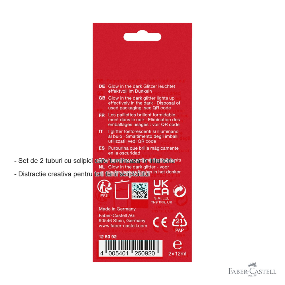 Set sclipici fosforescent Faber-Castell, 2 tuburi x 12 ml, efect stralucitor in intuneric [2]