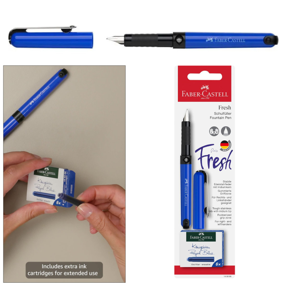 Set Stilou Scolar Faber-Castell Albastru cu 6 Cartuse Cerneala, Penita Rezistenta din Otel, Grip Ergonomic, Dreptaci si Stangaci [3]