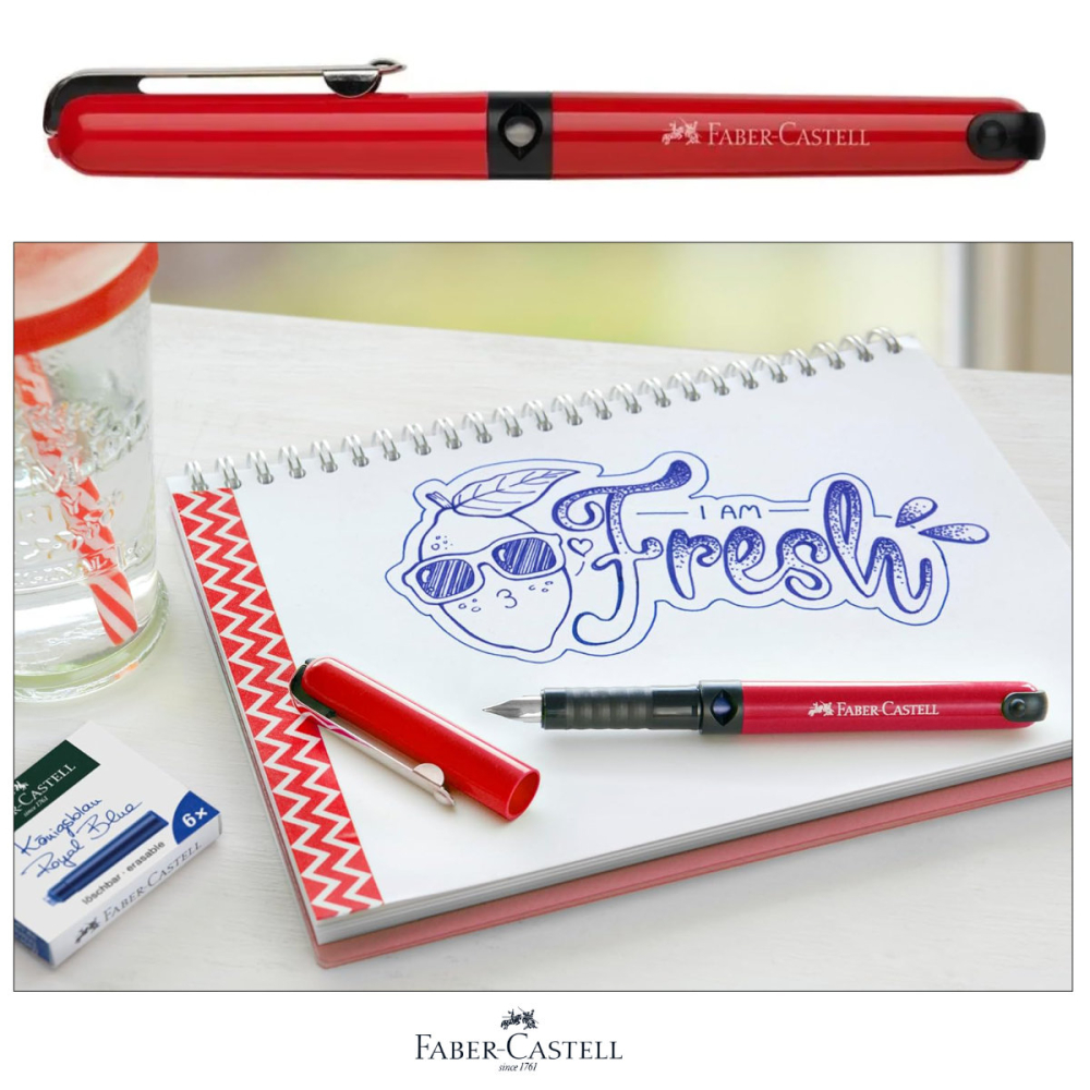 Set Stilou Scolar Faber-Castell Rosu cu 6 Cartuse Cerneala, Penita M Rezistenta din Otel, Grip Ergonomic, pentru Copii, Dreptaci si Stangaci [4]