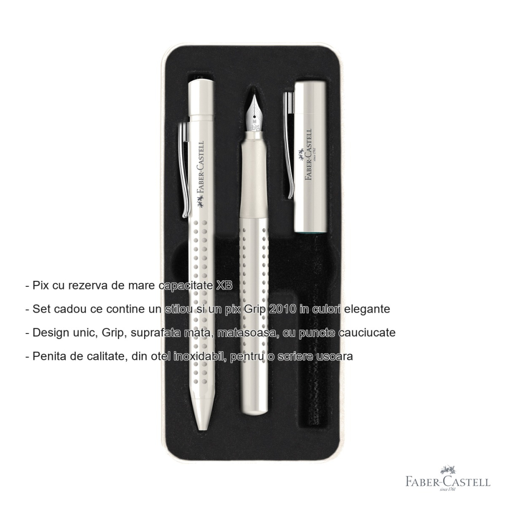 Set stilou si pix Faber-Castell Grip 2010 alb cocos, design elegant, pentru scriere confortabila [2]