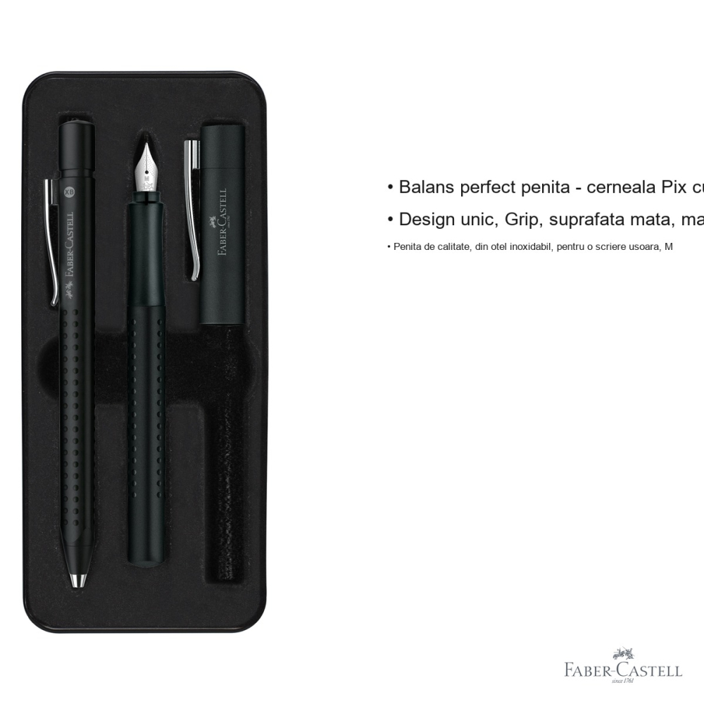 Set stilou si pix Faber-Castell Grip 2011 negru, penita inox M, grip cauciucat, pentru dreptaci si stangaci [3]