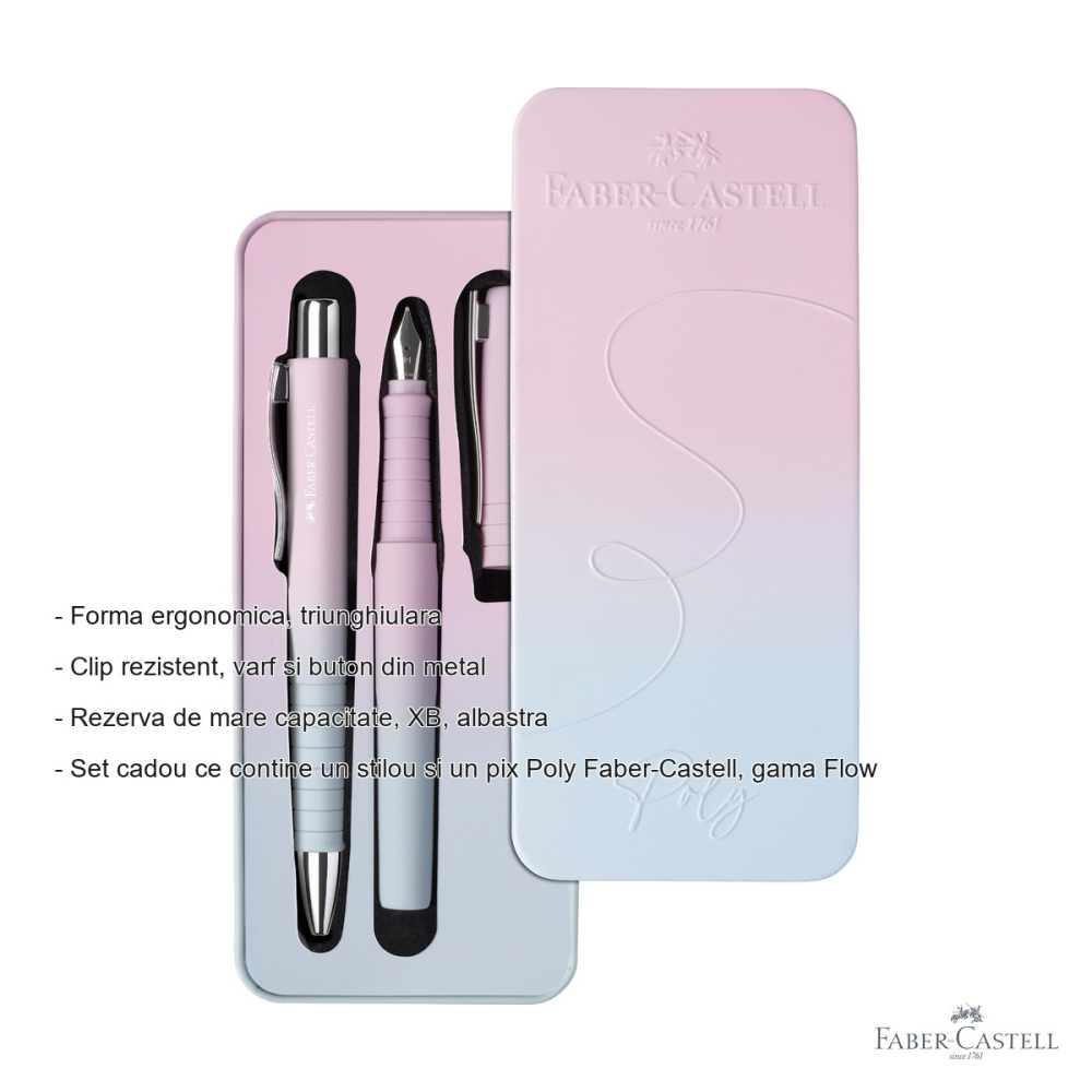 Set stilou si pix Faber-Castell Poly Flow, forma ergonomica triunghiulara, bleu-roz gradient, cadou [2]