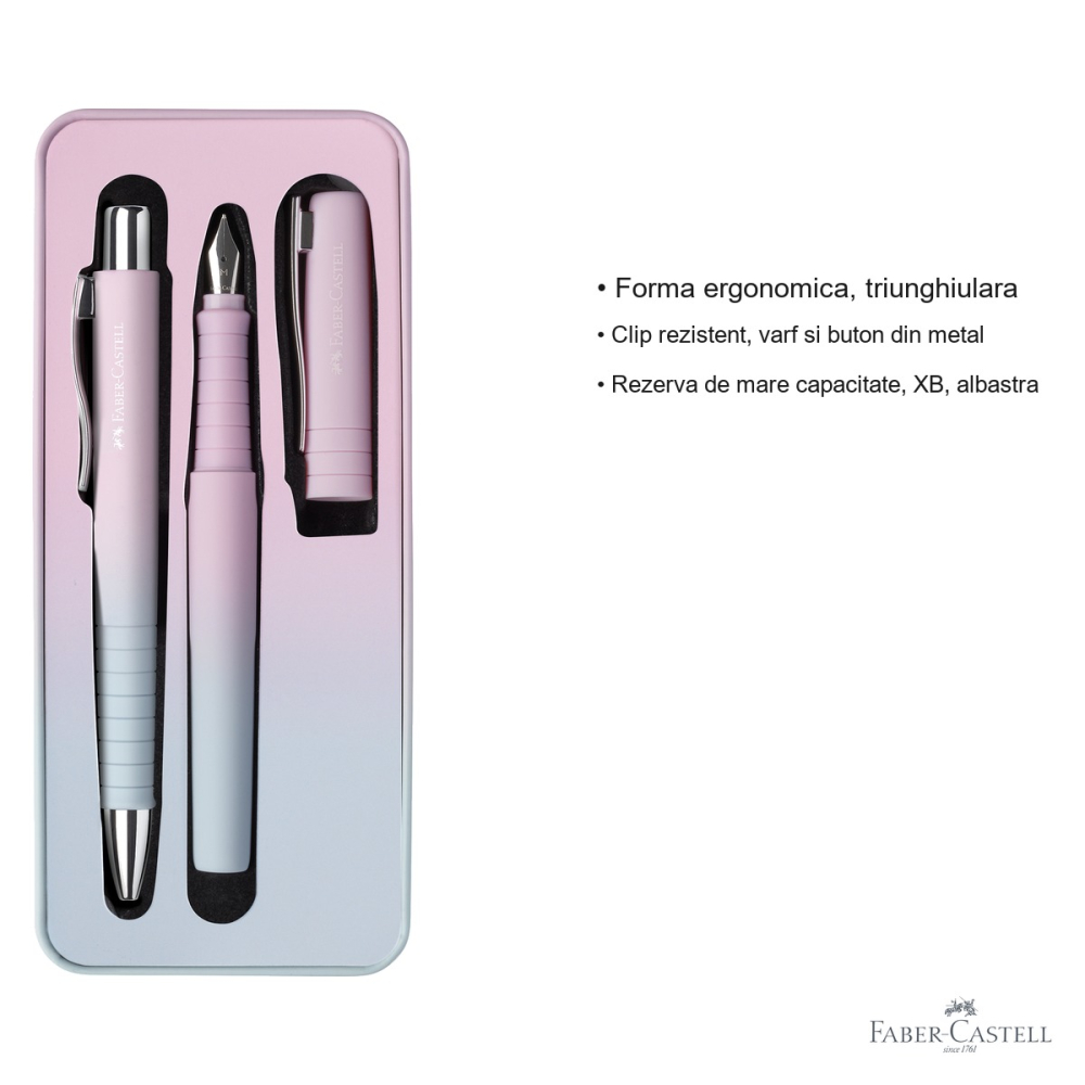 Set stilou si pix Faber-Castell Poly Flow, forma ergonomica triunghiulara, bleu-roz gradient, cadou [3]