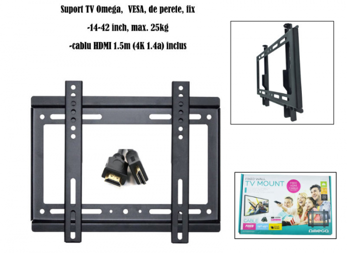 Set suport fix TV Omega 45455 cu cablu HDMI 4K 1.5m, max VESA 200, 14-42 inch, 25kg, de perete, negru [6]