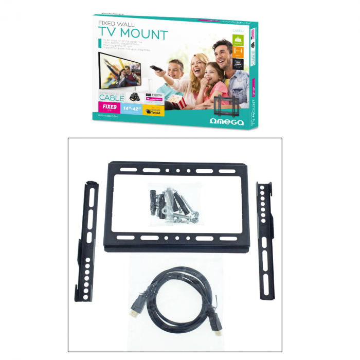 Set suport fix TV Omega 45455 cu cablu HDMI 4K 1.5m, max VESA 200, 14-42 inch, 25kg, de perete, negru [5]