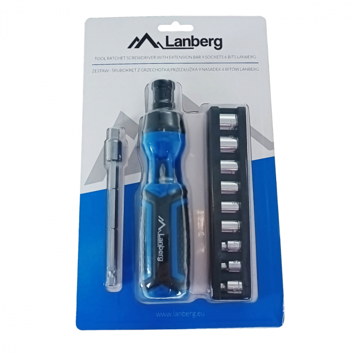 Set surubelnita cu clichet, 9 tubulare si 6 biti, Lanberg 42752, cu maner ergonomic antiderapant, negru cu albastru [6]