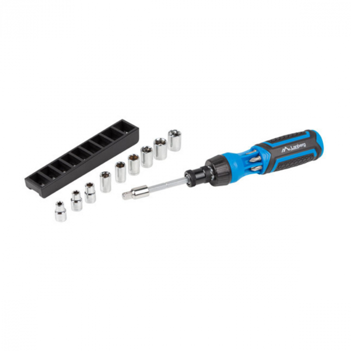 Set surubelnita cu clichet, 9 tubulare si 6 biti, Lanberg 42752, cu maner ergonomic antiderapant, negru cu albastru [5]