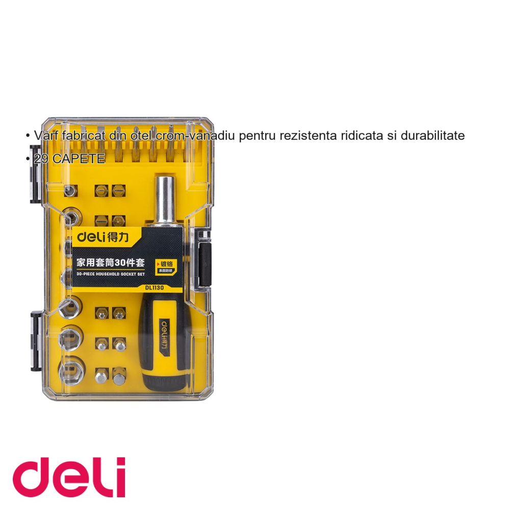 Set surubelnita cu clichet Deli, 29 capete interschimbabile, maner PP/TPR ergonomic, pentru lucru eficient in atelier sau la domiciliu [3]