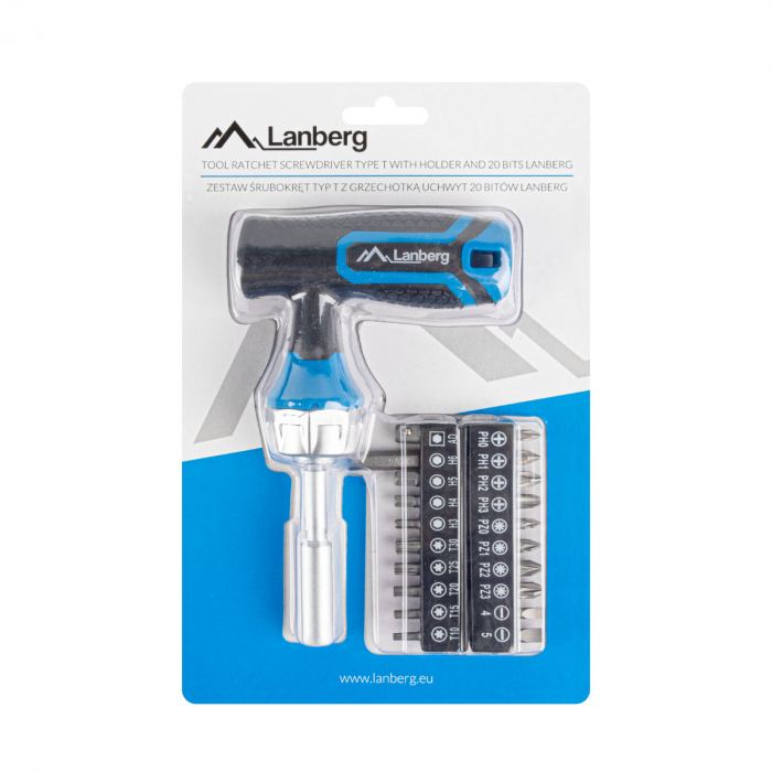 Set surubelnita tip T cu clichet si 20 de biti, Lanberg 42751, cu maner ergonomic antiderapant, negru cu albastru [3]