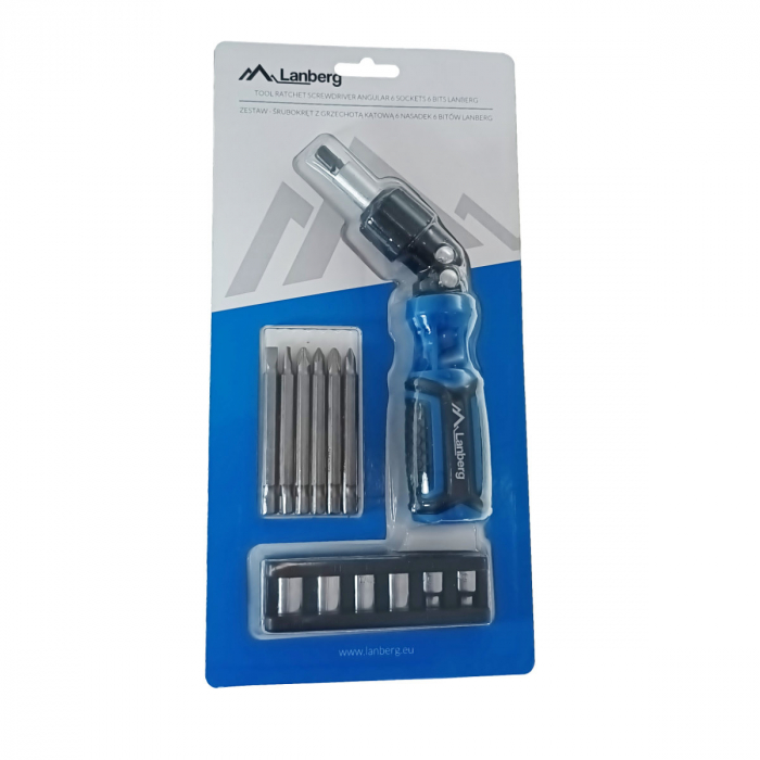 Set surubelnita unghiulara cu clichet, 6 tubulare si 6 biti, Lanberg 42753, cu maner ergonomic antiderapant, negru cu albastru [5]