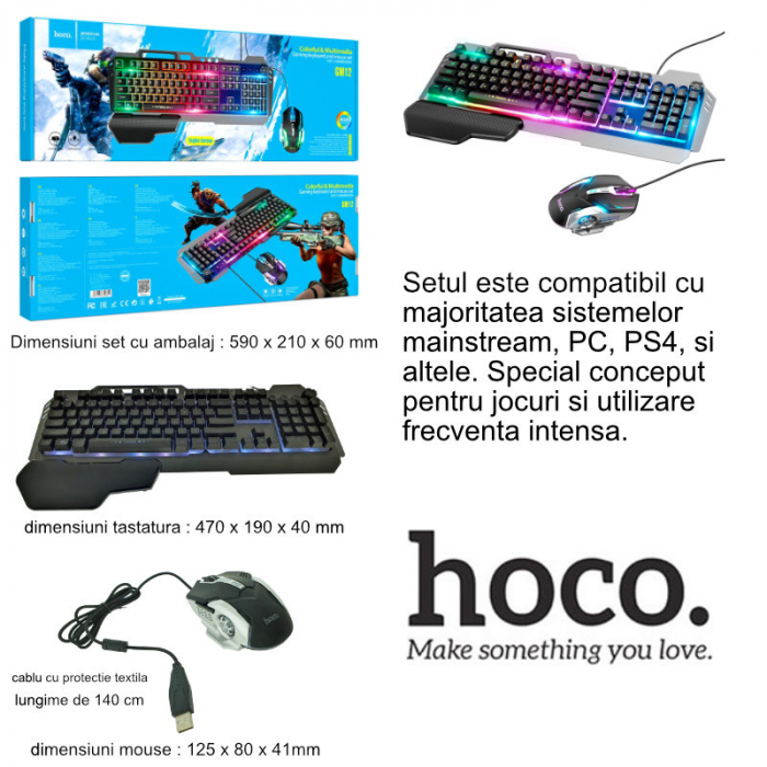 Set tastatura si mouse 6D gaming, Hoco GM12 74961, RGB, cablu USB 140cm, neagra [7]