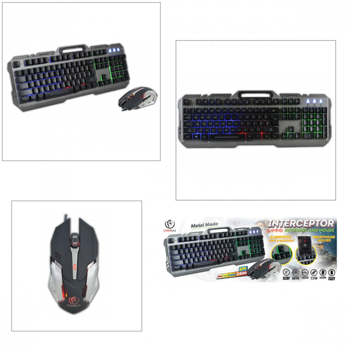 Set tastatura US QWERTY multimedia si mouse 6D + scroll, 800/1200/1600/2400 DPI, Rebeltec, spatiu pentru smartphone, cu iluminare LED multicolor, lungime cablu 1.5m [2]