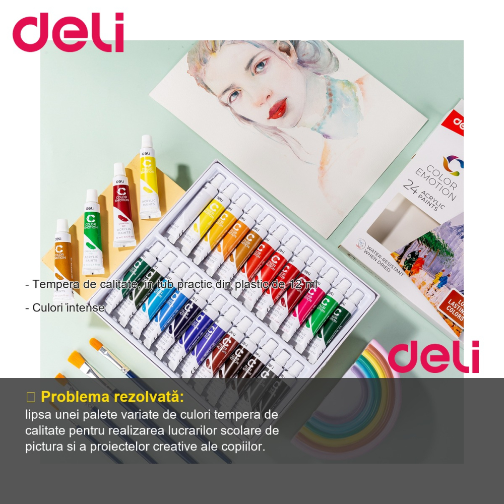 Set tempera 24 culori Deli, tuburi de 12 ml, culori intense pentru pictura scolara [2]