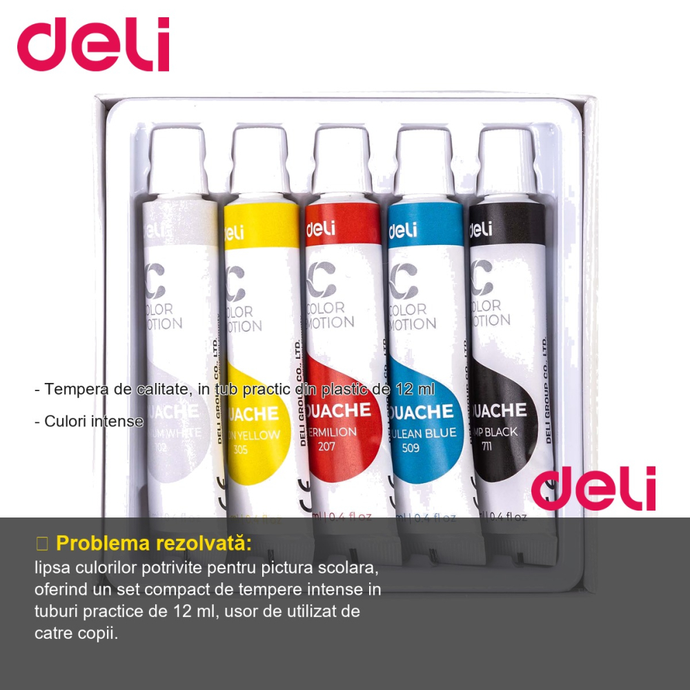 Set tempera 5 culori Deli, tuburi de 12 ml, culori intense pentru pictura scolara [2]