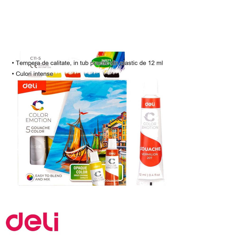 Set tempera 5 culori Deli, tuburi de 12 ml, culori intense pentru pictura scolara [3]