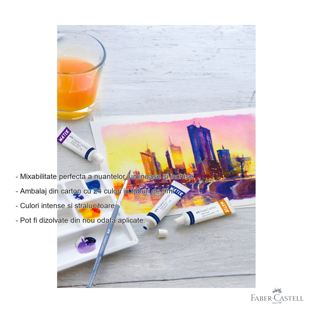 Set tempera acuarele 24 culori 9ml cu paleta de amestecare Faber-Castell, culori intense, pentru copii si elevi [2]