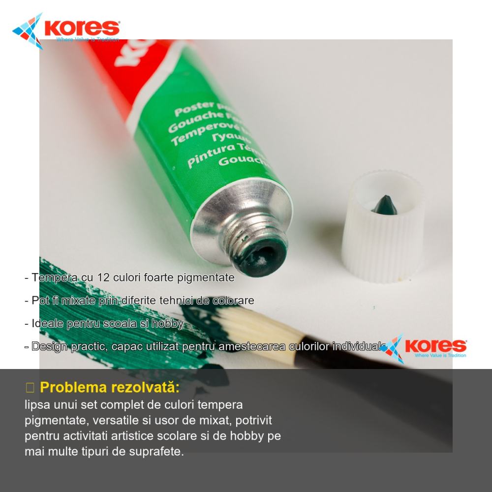Set tempera Kores, 12 culori pigmentate de 12 ml, pentru scoala si hobby, utilizabil pe hartie, carton si panza [2]