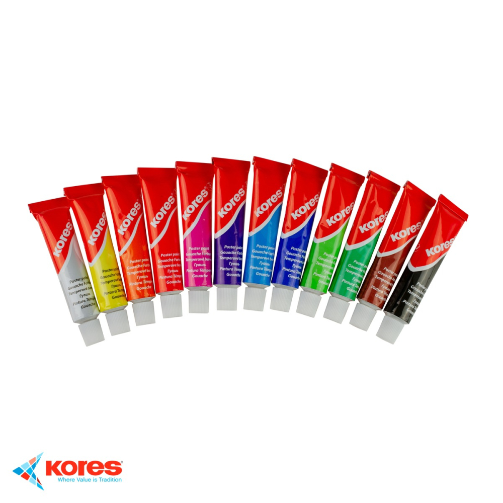 Set tempera Kores, 12 culori pigmentate de 12 ml, pentru scoala si hobby, utilizabil pe hartie, carton si panza [4]