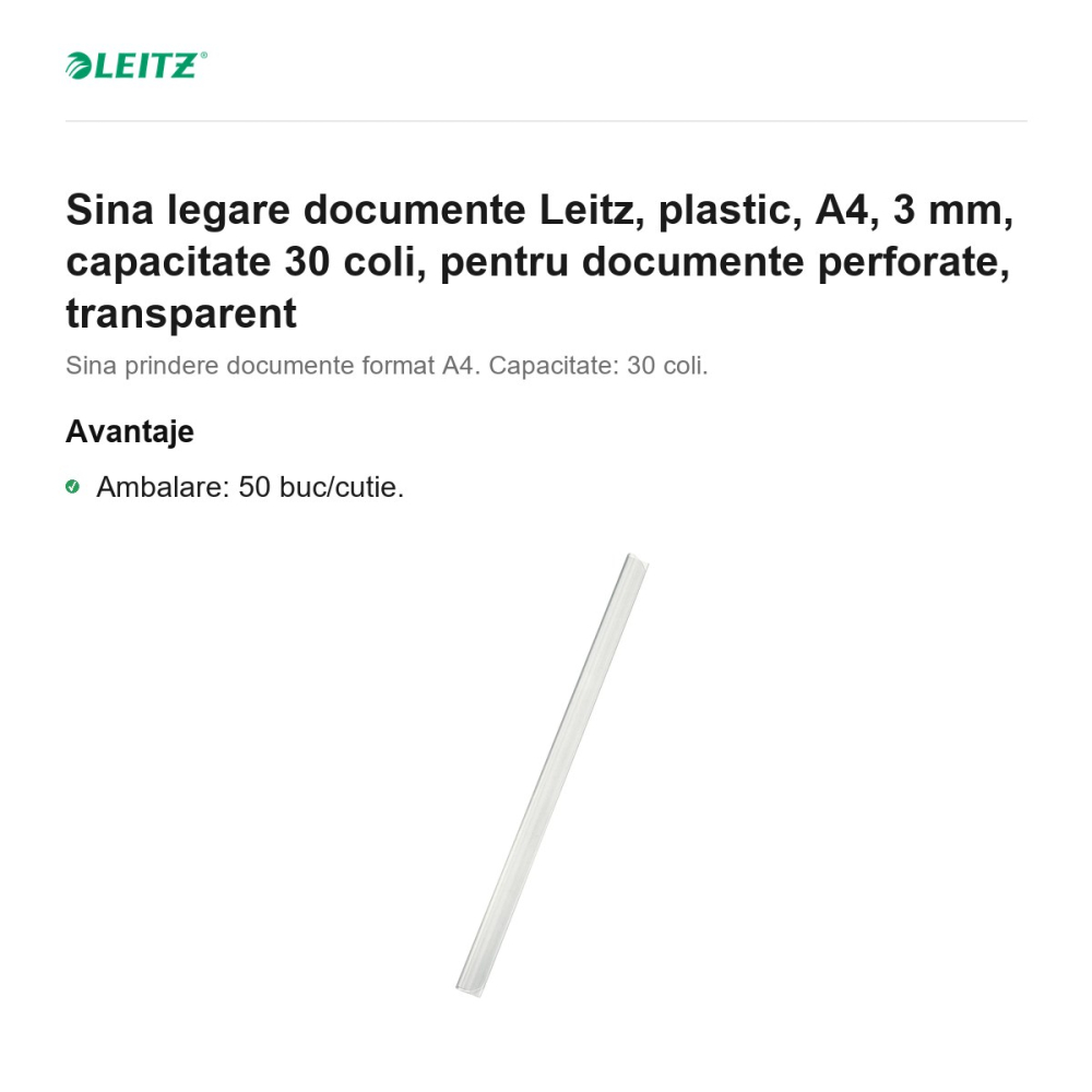 Sina legare documente Leitz, plastic, A4, 3 mm, capacitate 30 coli, pentru documente perforate, transparent [2]