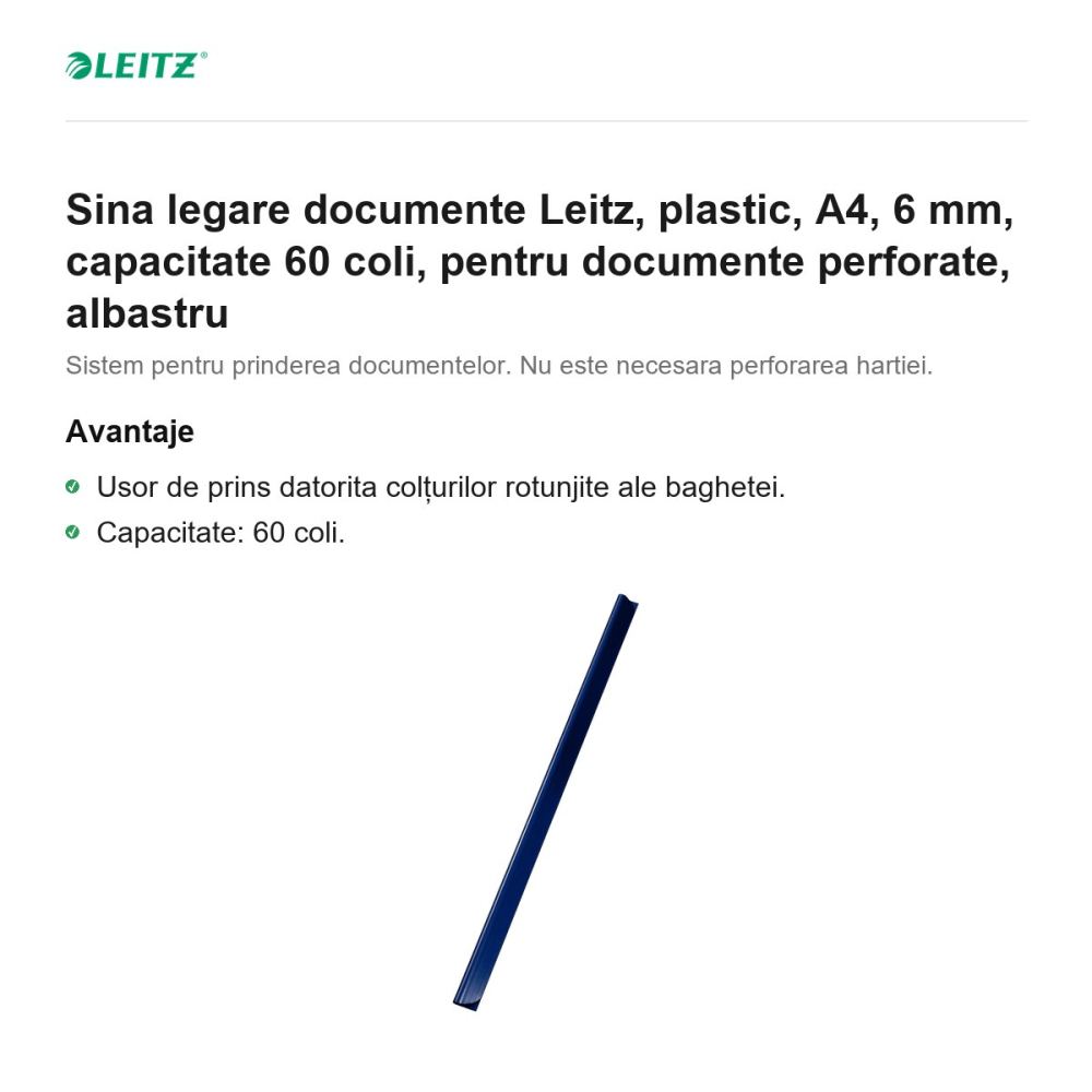 Sina legare documente Leitz, plastic, A4, 6 mm, capacitate 60 coli, pentru documente perforate, albastru [2]