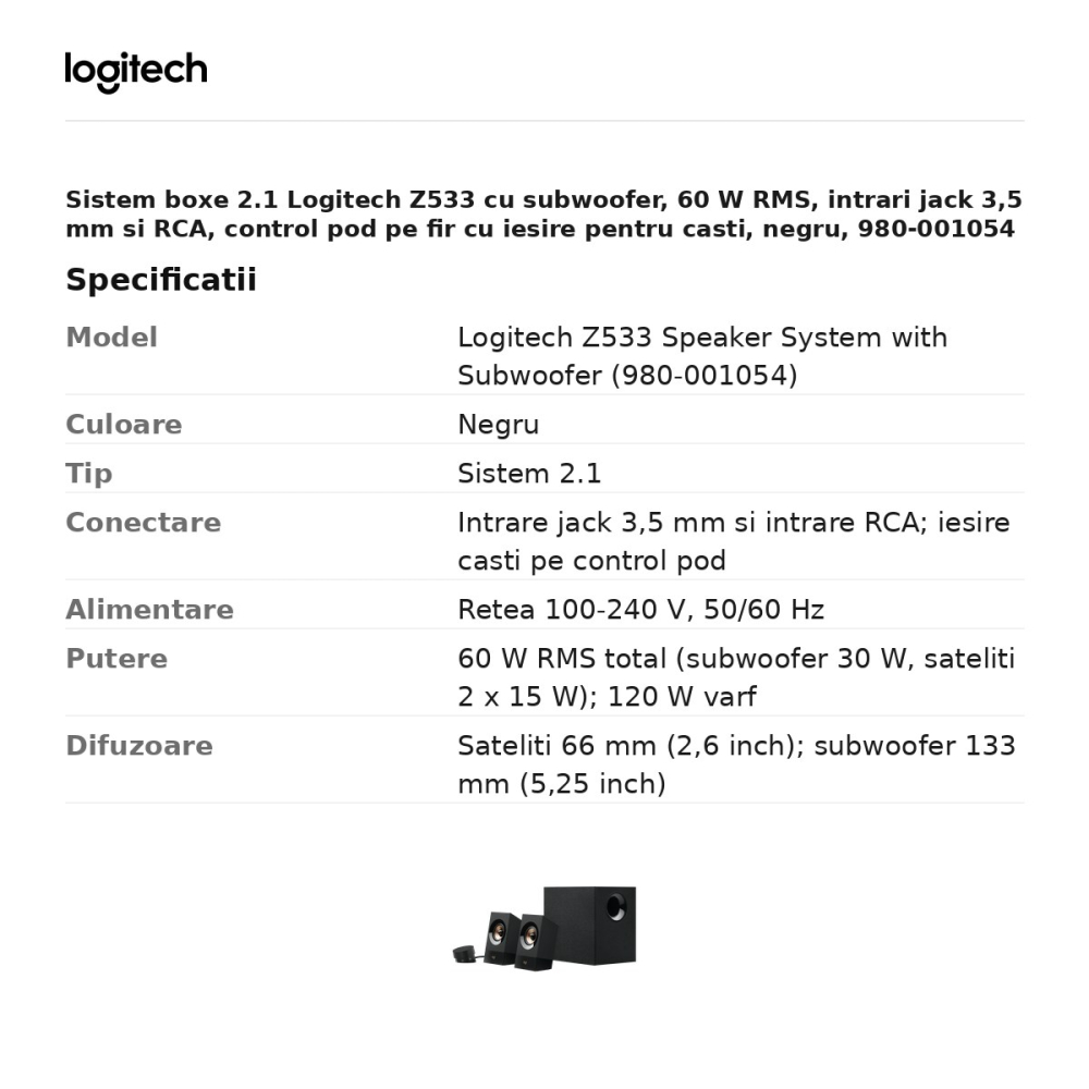Sistem boxe 2.1 Logitech Z533 cu subwoofer, 60 W RMS, intrari jack 3,5 mm si RCA, control pod pe fir cu iesire pentru casti, negru, 980-001054 [3]