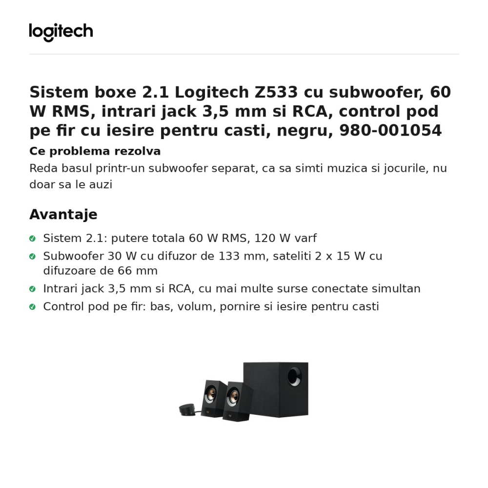 Sistem boxe 2.1 Logitech Z533 cu subwoofer, 60 W RMS, intrari jack 3,5 mm si RCA, control pod pe fir cu iesire pentru casti, negru, 980-001054 [2]
