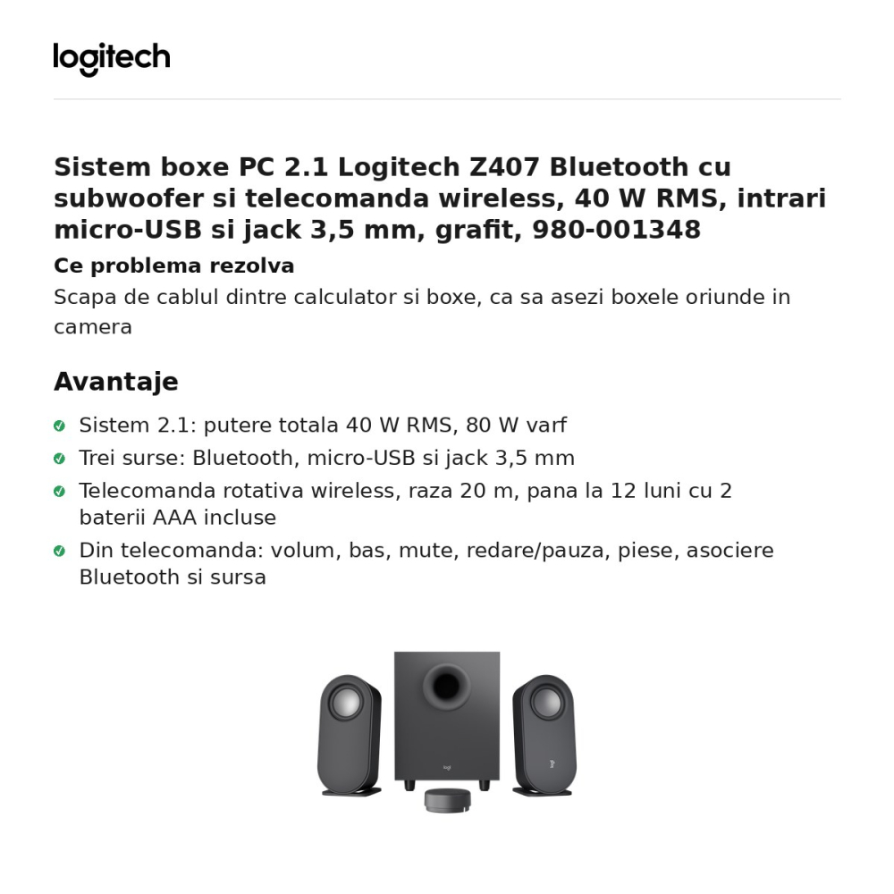 Sistem boxe PC 2.1 Logitech Z407 Bluetooth cu subwoofer si telecomanda wireless, 40 W RMS, intrari micro-USB si jack 3,5 mm, grafit, 980-001348 [2]