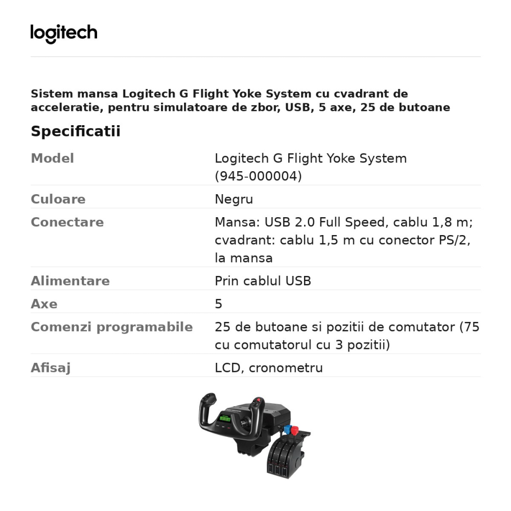 Sistem mansa Logitech G Flight Yoke System cu cvadrant de acceleratie, pentru simulatoare de zbor, USB, 5 axe, 25 de butoane programabile, negru, 945-000004 [3]