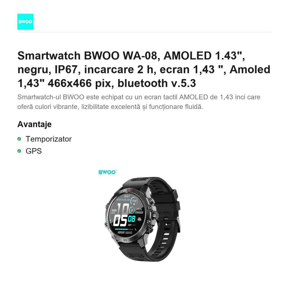 Smartwatch BWOO WA-08, AMOLED 1.43", negru, IP67, incarcare 2 h, ecran 1,43 ", Amoled 1,43" 466x466 pix, bluetooth v.5.3 [2]