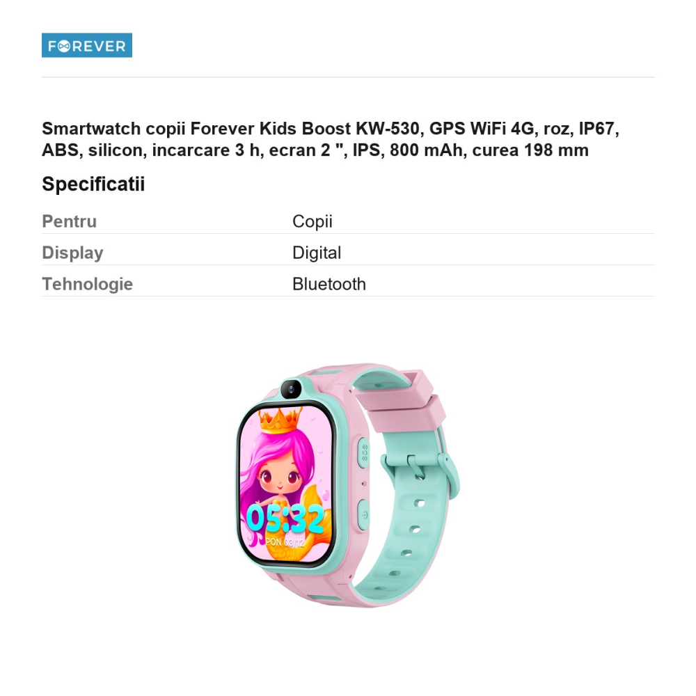 Smartwatch copii Forever Kids Boost KW-530, GPS WiFi 4G, roz, IP67, ABS, silicon, incarcare 3 h, ecran 2 ", IPS, 800 mAh, curea 198 mm [3]