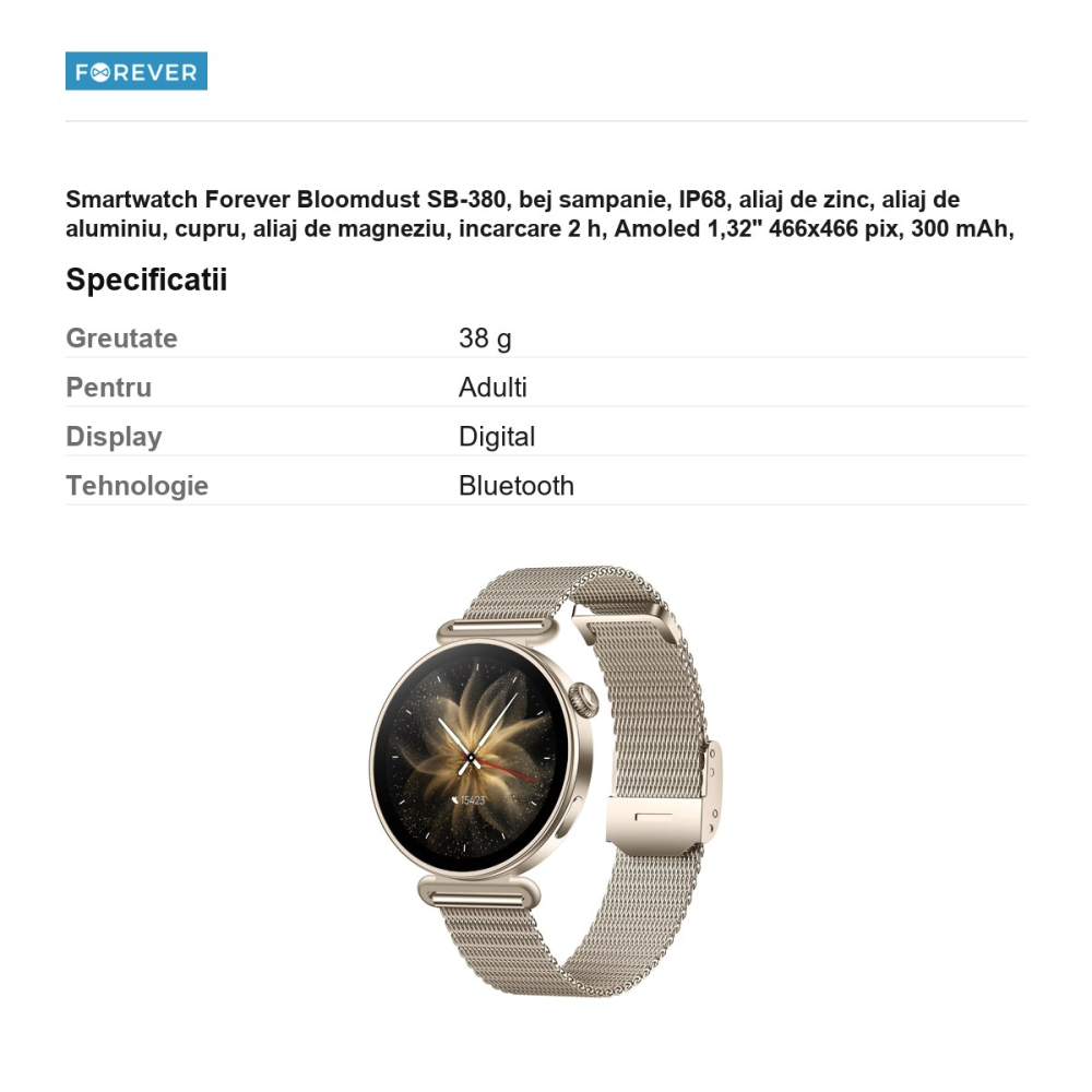 Smartwatch Forever Bloomdust SB-380, bej sampanie, IP68, aliaj de zinc, aliaj de aluminiu, cupru, aliaj de magneziu, incarcare 2 h, Amoled 1,32" 466x466 pix, 300 mAh, bluetooth v.5.3, curea 210 mm [3]