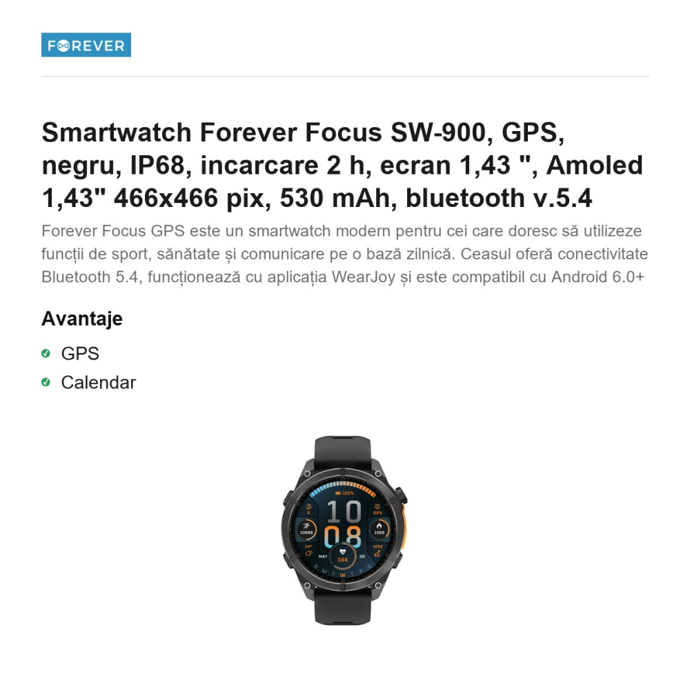 Smartwatch Forever Focus SW-900, GPS, negru, IP68, incarcare 2 h, ecran 1,43 ", Amoled 1,43" 466x466 pix, 530 mAh, bluetooth v.5.4 [2]