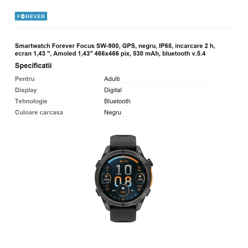 Smartwatch Forever Focus SW-900, GPS, negru, IP68, incarcare 2 h, ecran 1,43 ", Amoled 1,43" 466x466 pix, 530 mAh, bluetooth v.5.4 [3]