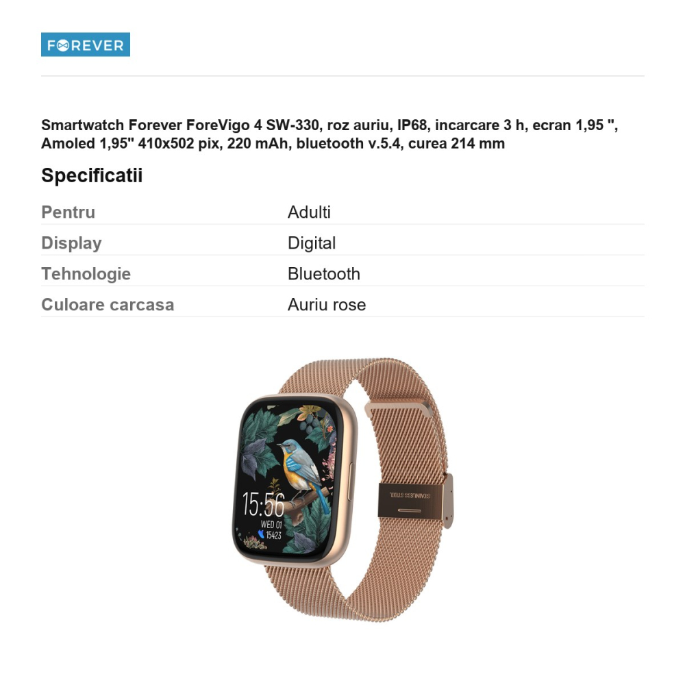 Smartwatch Forever ForeVigo 4 SW-330, roz auriu, IP68, incarcare 3 h, ecran 1,95 ", Amoled 1,95" 410x502 pix, 220 mAh, bluetooth v.5.4, curea 214 mm [3]