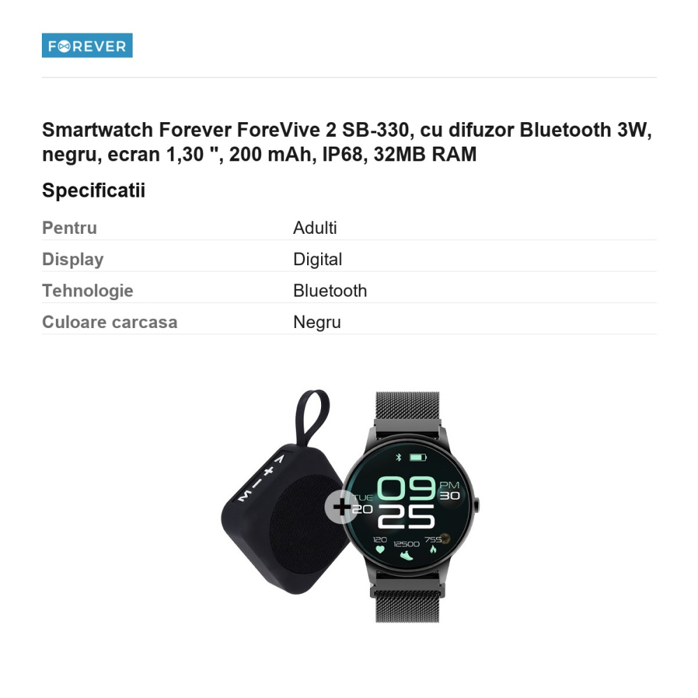 Smartwatch Forever ForeVive 2 SB-330, cu difuzor Bluetooth 3W, negru, ecran 1,30 ", 200 mAh, IP68, 32MB RAM [3]