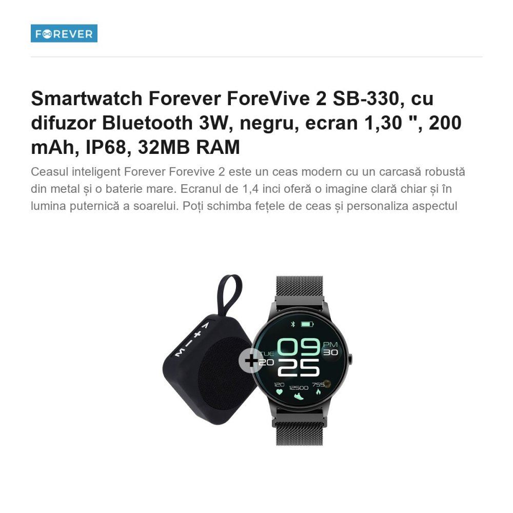 Smartwatch Forever ForeVive 2 SB-330, cu difuzor Bluetooth 3W, negru, ecran 1,30 ", 200 mAh, IP68, 32MB RAM [2]