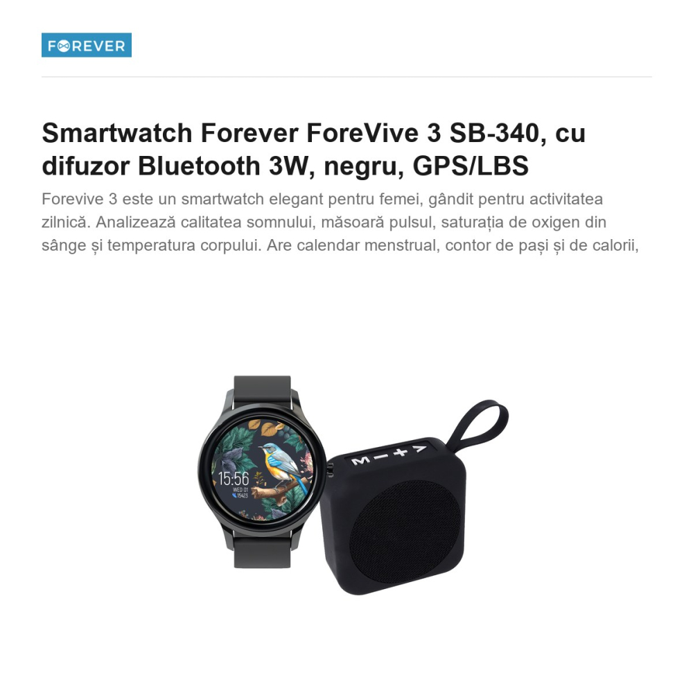 Smartwatch Forever ForeVive 3 SB-340, cu difuzor Bluetooth 3W, negru, GPS/LBS [2]