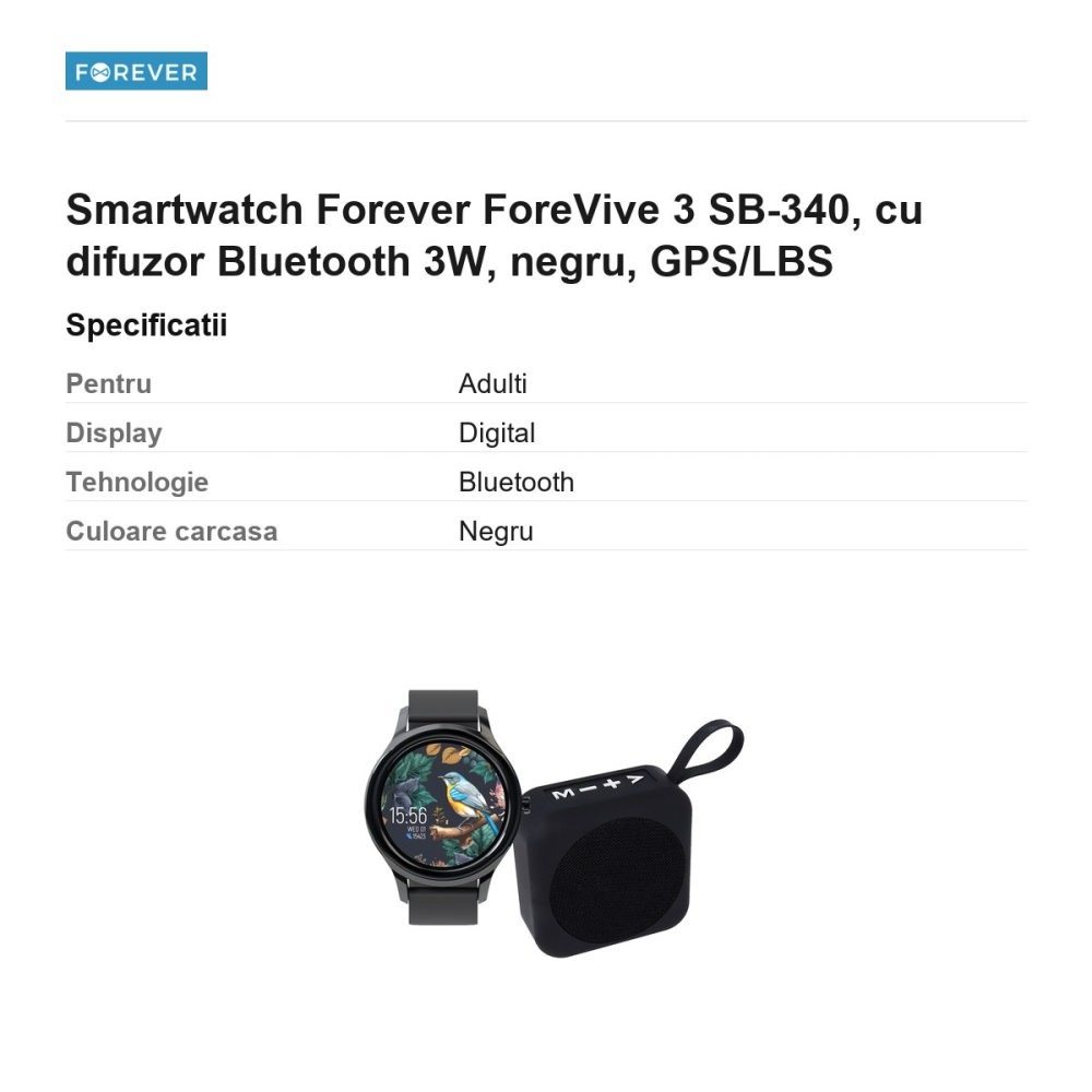 Smartwatch Forever ForeVive 3 SB-340, cu difuzor Bluetooth 3W, negru, GPS/LBS [3]