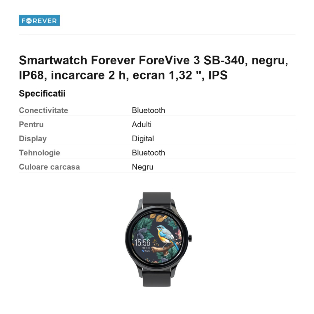 Smartwatch Forever ForeVive 3 SB-340, negru, IP68, incarcare 2 h, ecran 1,32 ", IPS [3]