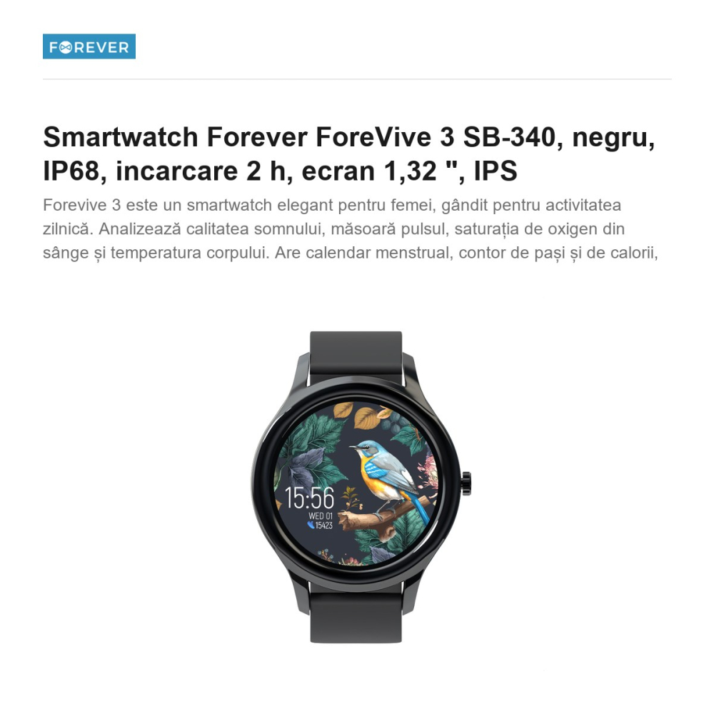 Smartwatch Forever ForeVive 3 SB-340, negru, IP68, incarcare 2 h, ecran 1,32 ", IPS [2]