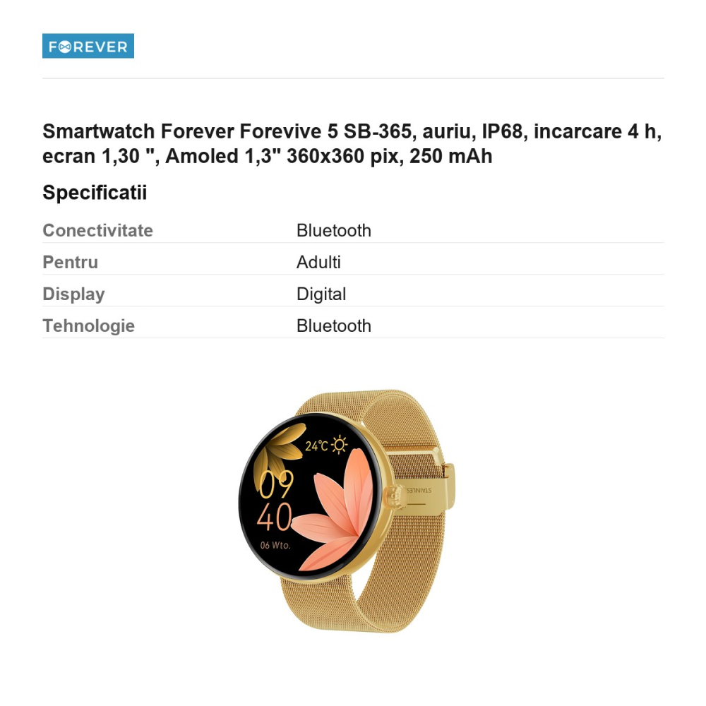 Smartwatch Forever Forevive 5 SB-365, auriu, IP68, incarcare 4 h, ecran 1,30 ", Amoled 1,3" 360x360 pix, 250 mAh [3]