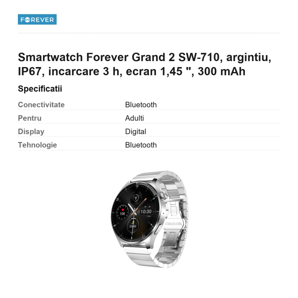 Smartwatch Forever Grand 2 SW-710, argintiu, IP67, incarcare 3 h, ecran 1,45 ", 300 mAh [3]