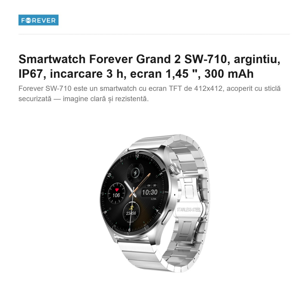Smartwatch Forever Grand 2 SW-710, argintiu, IP67, incarcare 3 h, ecran 1,45 ", 300 mAh [2]