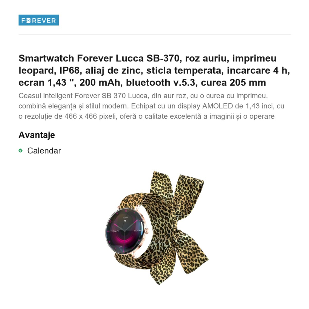 Smartwatch Forever Lucca SB-370, roz auriu, imprimeu leopard, IP68, aliaj de zinc, sticla temperata, incarcare 4 h, ecran 1,43 ", 200 mAh, bluetooth v.5.3, curea 205 mm [2]