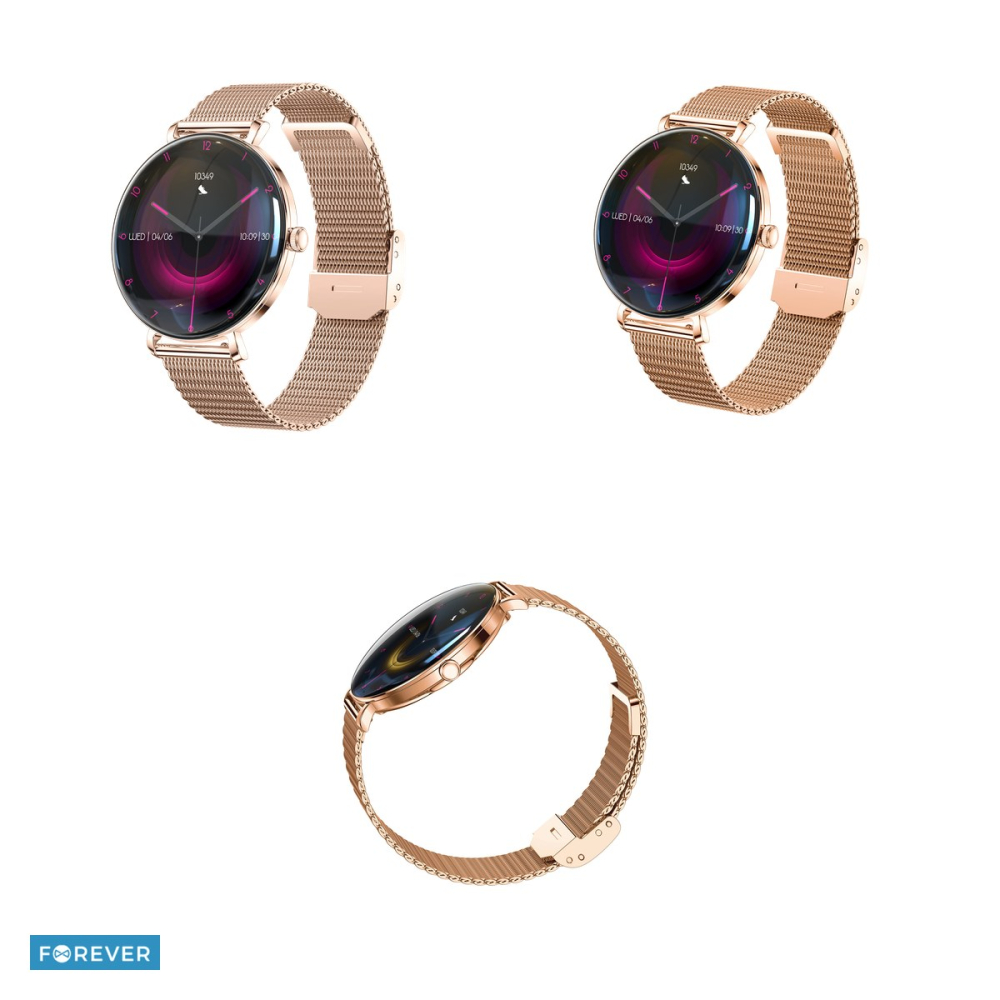 Smartwatch Forever Lucca SB-370, roz auriu, imprimeu leopard, IP68, aliaj de zinc, sticla temperata, incarcare 4 h, ecran 1,43 ", 200 mAh, bluetooth v.5.3, curea 205 mm [4]