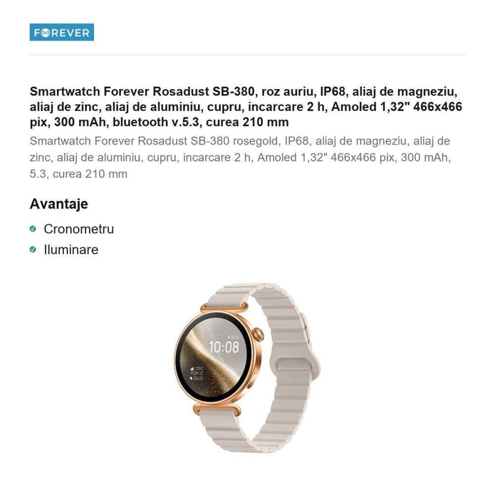 Smartwatch Forever Rosadust SB-380, roz auriu, IP68, aliaj de magneziu, aliaj de zinc, aliaj de aluminiu, cupru, incarcare 2 h, Amoled 1,32" 466x466 pix, 300 mAh, bluetooth v.5.3, curea 210 mm [2]