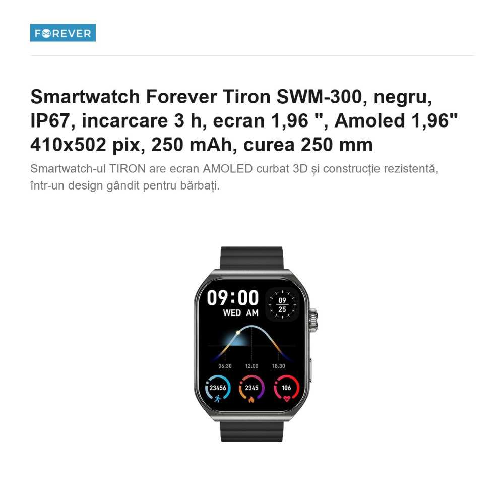 Smartwatch Forever Tiron SWM-300, negru, IP67, incarcare 3 h, ecran 1,96 ", Amoled 1,96" 410x502 pix, 250 mAh, curea 250 mm [2]