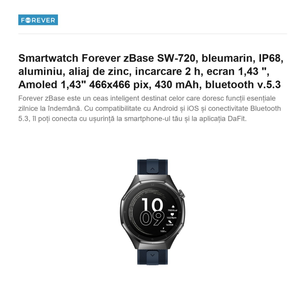 Smartwatch Forever zBase SW-720, bleumarin, IP68, aluminiu, aliaj de zinc, incarcare 2 h, ecran 1,43 ", Amoled 1,43" 466x466 pix, 430 mAh, bluetooth v.5.3 [2]