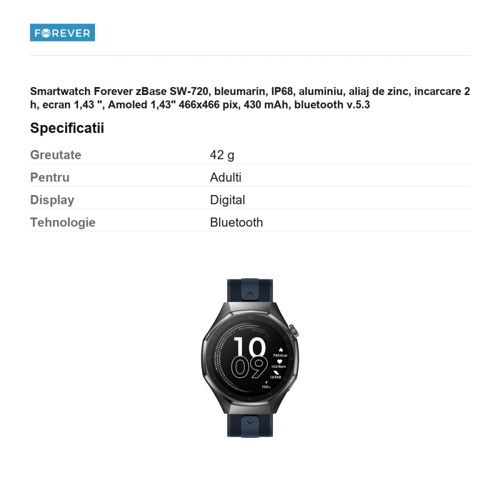 Smartwatch Forever zBase SW-720, bleumarin, IP68, aluminiu, aliaj de zinc, incarcare 2 h, ecran 1,43 ", Amoled 1,43" 466x466 pix, 430 mAh, bluetooth v.5.3 [3]